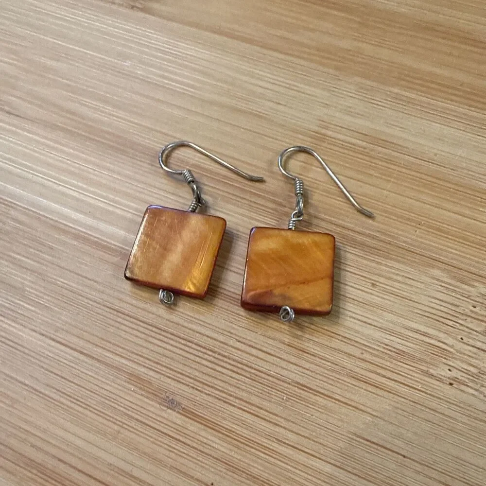 Orange Brown Square Bead Dangle Drop Earrings Vintage Unbranded